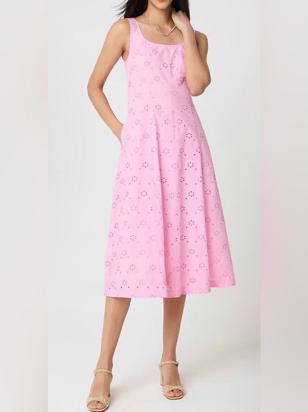 Pink Eyelet Embroidered Cotton Midi Dress Fit & Flare Pockets Cottagecore